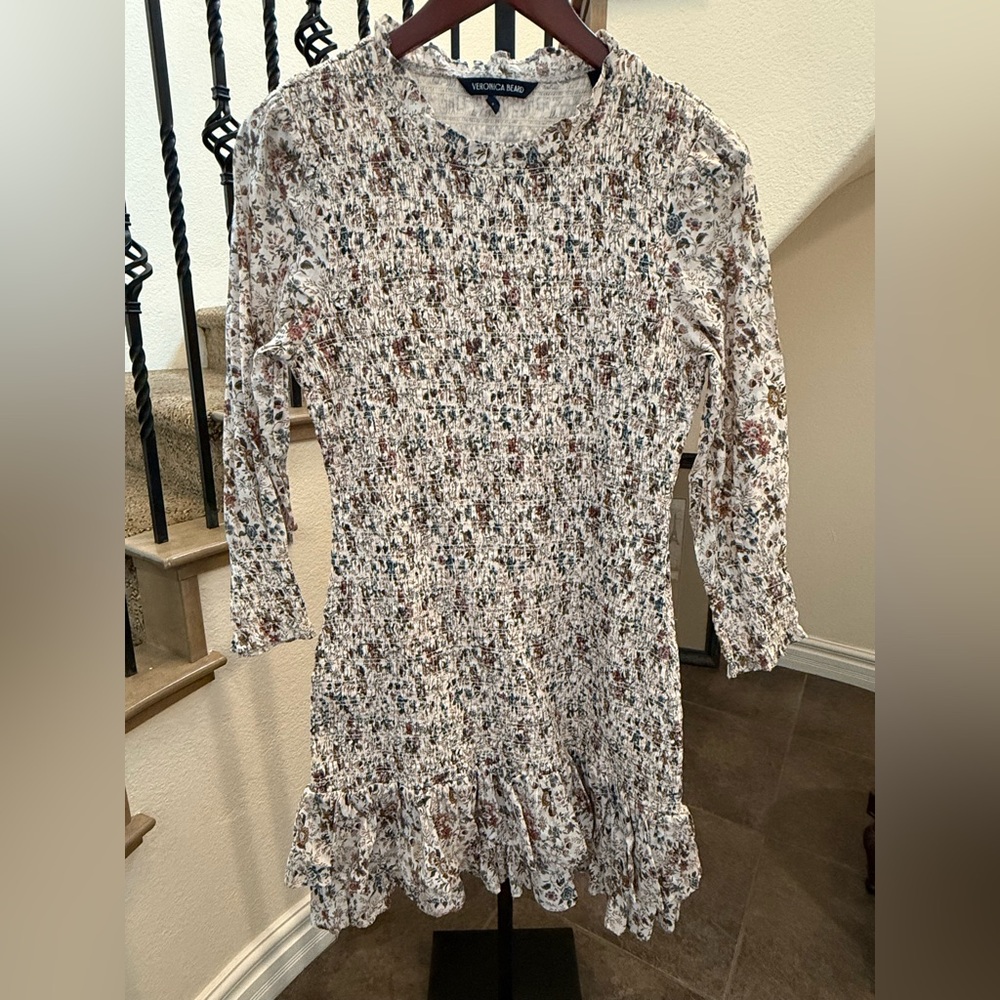 Veronica Beard Farha Smocked Floral Ruffle Mini Dress Cream Multicolor